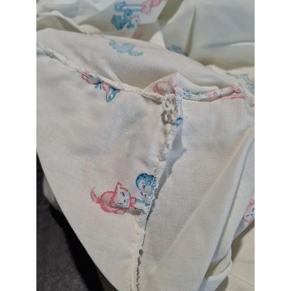 Vintage 1950s Fitted Crib Sheets Pair 28x59 Pink Blue Cat Dog Nursery Print
